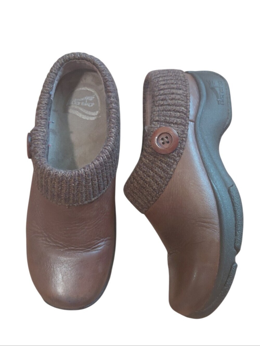 Dansko Kenzie Brown Slip-On Mule Clogs with Knit Collar Size 6